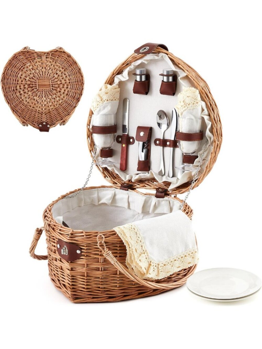 Charming Heart Wicker Picnic Basket Set for 2 - Perfect for Camping, Beach